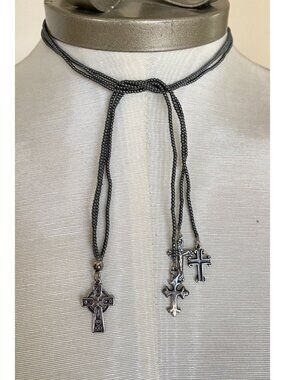 3 Strand Hematite Lariat Necklace 4 Sterling Crosses 22" + Crosses
